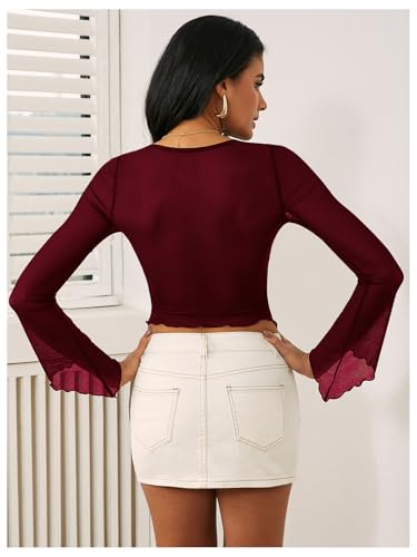 WDIRARA Women's Long Sleeve Front Tie Top Sexy Mesh Bell Sleeve Shirt2