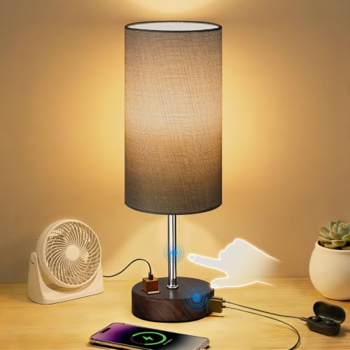 Image of Table Lamp, Dimmable Touch, AC Outlet, USB A+C (Grey&Walnut)