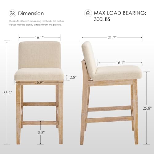 Image of Zesthouse Wood Bar Stools Counter Height Set of 2, 26 inch Modern Bar Stools with Back & Solid Wooden Leg, Mid Century Farmhouse Barstools, Beige Linen High Chairs for Kitchen Island, Antique Brown Finish