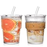 VITEVER 2-Pack 380ml Glass Cups with Lids and Straws, Iced Coffee Cup with Straw, Airtight Waterproof Design Coffee Travel Mug, Smoothie Cups