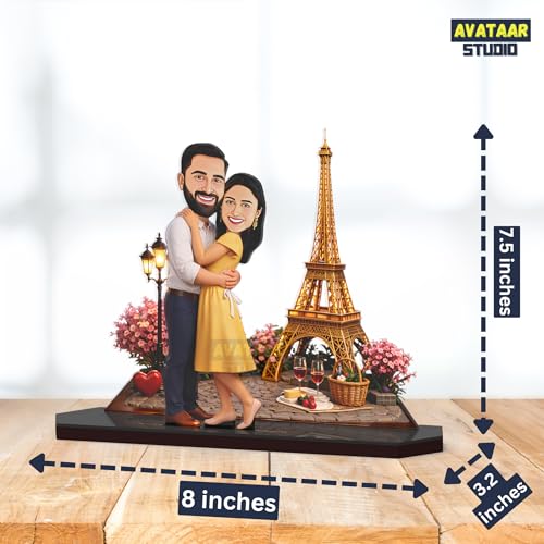 Image of Wood Rectangular Personalized Caricature Gift for Couple, 7 Inches, Tabletop Multicolor, Art Deco Style (Couple 11)