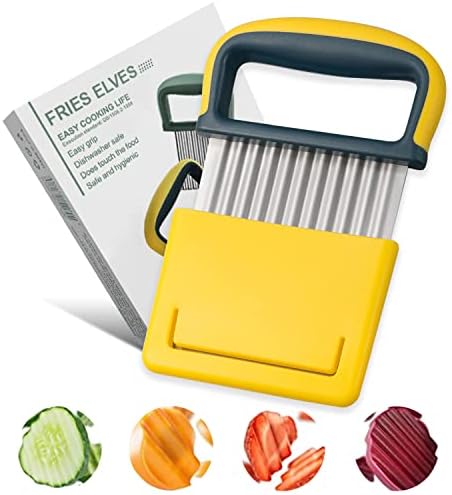 Potato Crinkle Cutter, Stainless Steel Crinkle Chip Cutter Knife French Fries Vegetable Cutter Wavy Blade Potato Slicer Dishwasher Safe (Yellow)