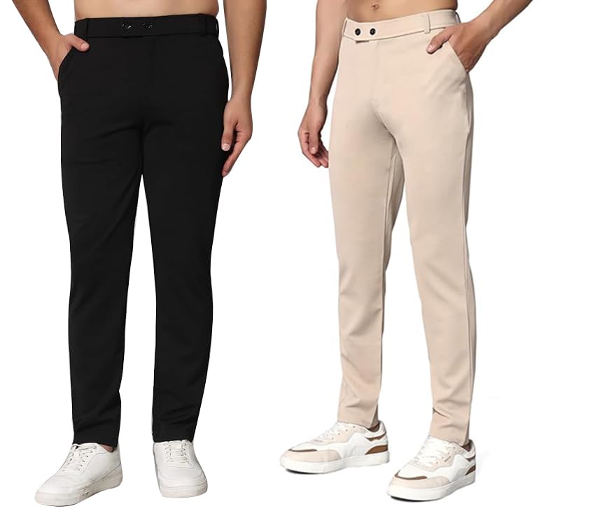 Image of Mehrang Men's Slim Fit Dress Pants, Formal Trousers with Side Pockets, (Pack of 2)