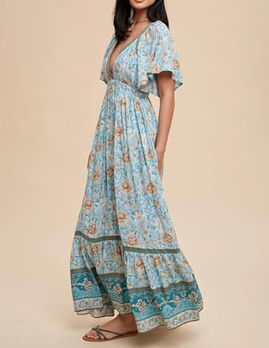 Image of R.Vivimos Women's Summer V Neck Maxi Dress Boho Floral Print Short Sleeve Elastic Waist Ruffle Patchwork A-Line Beach Dress