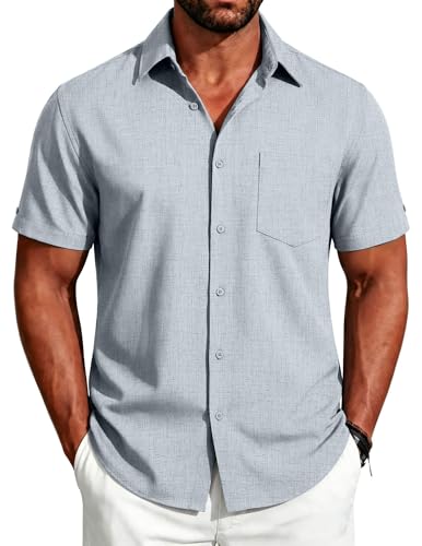 Image of COOFANDY Men's Button Down Shirts Short Sleeve Casual Shirts Summer Beach Linen Shirts with Pocket