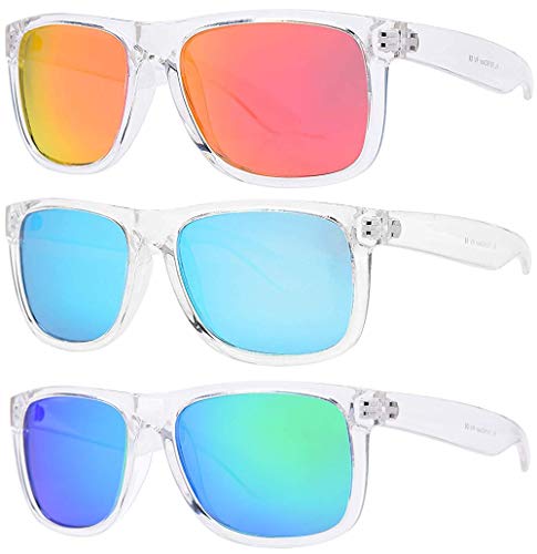 PZ Clear Frame Polarized Square Sunglasses Women Men - UV Protection Color Mirror Lens - Retro (3 Pack Transparent + Blue, Green, Red)