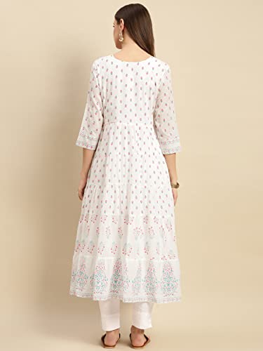 Image of rangita Off White Cotton Calf Length Embroidered Anarkali Kurti for Women | Kurta for Women