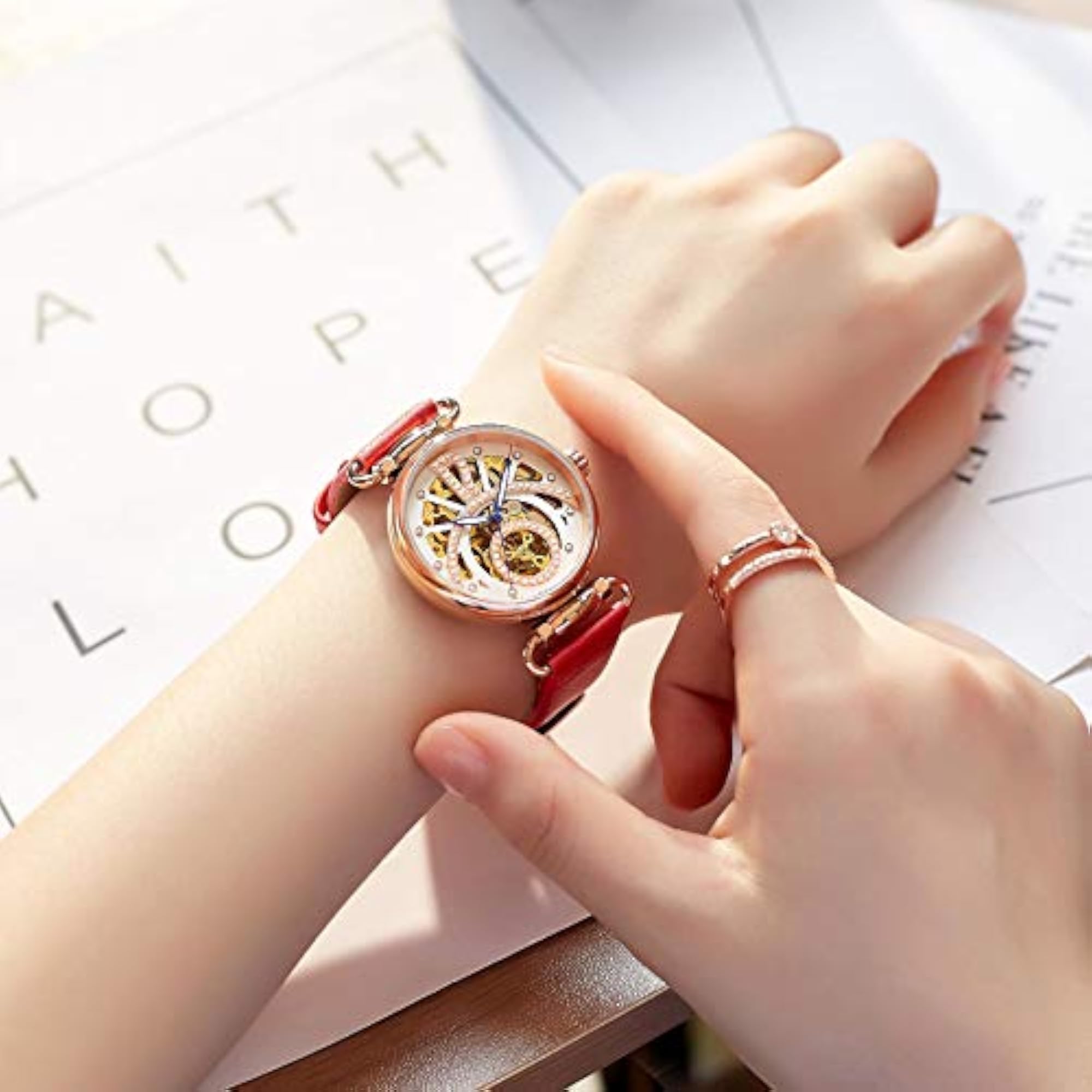 Women's Vintage Skull Automatic Mechanical Watch, Red Leather Strap