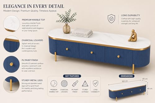 Image of Mazzo White Marble TV Unit Console | 70 inchx15 inchx18 inch | Golden Legs & Charcoal Louvers | Storage Drawers | Modern TV Stand Console Unit White Marble Top with Gold Accents, Storage (Blue)