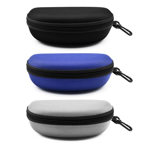 SteelFever 3pcs Sunglasses Case Portable Travel Zipper Hard Shell Eyeglasses Case with Plastic Hook Scratch Resistant Glasses Organiser Box (Black Blue Gray)