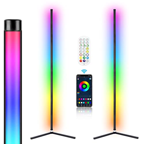 Wisimmall 2Pcs Rgb Corner Floor Lamp, 64.5" Rgb Color Changing Mood Light Bluetooth App And Remote Control Music Sync Led 398 Dimmable Modes Modern Floor Lamp For Living Room, Light Timing #TOP1