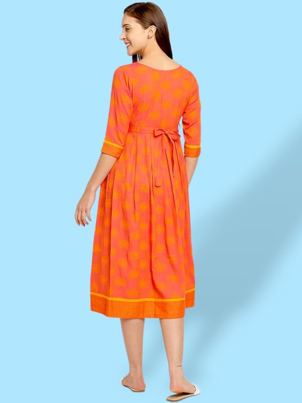 Image of DUMMY SHAPE Maternity Dresses for Women Cotton | Feeding Anarkali Kurta with Concealed Nursing Zippers for Pre & Post Pregnancy | Mom to Be Gifts (DS-MAT-P051-M, Orange)