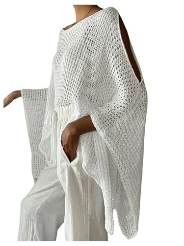 GORGLITTER Women's Sheer Knit Poncho Top Cold Shoulder Dolman Sleeve Crocheted Boho Sweater