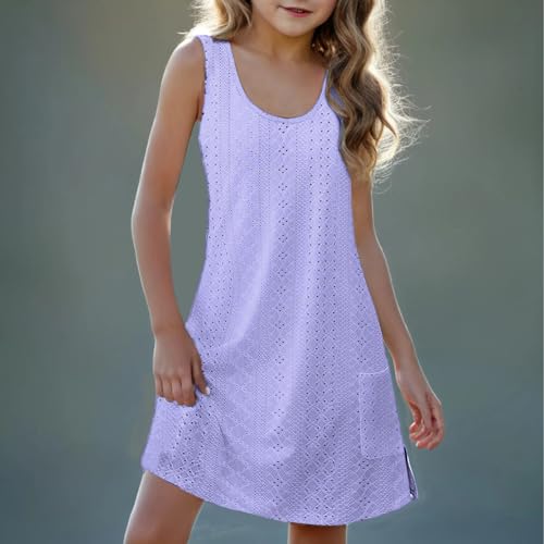 Eyelet Dresses for Girls 2025 Summer Sleeveless Side Split Tank Dress Crewneck Sundress with Pockets Size 4-14 Years3