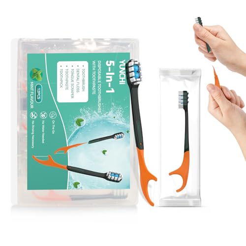 YUNCHI 12PCS Cepillo Dientes Viaje, 5 en 1 Cepillos de Dientes Desechables con Pasta, Hilo Dental, Palillo de Dientes, Raspador de Lengua, Mini Cepillo Portátil Sabor a Menta