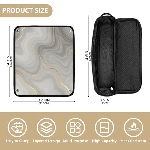 Estuche de viaje 2 en 1 para planchas y rizadores con almohadilla resistente al calor, portátil para herramientas calientes, moldeador de cabello, esencial de viaje blanco gris con vetas doradas miniatura 4