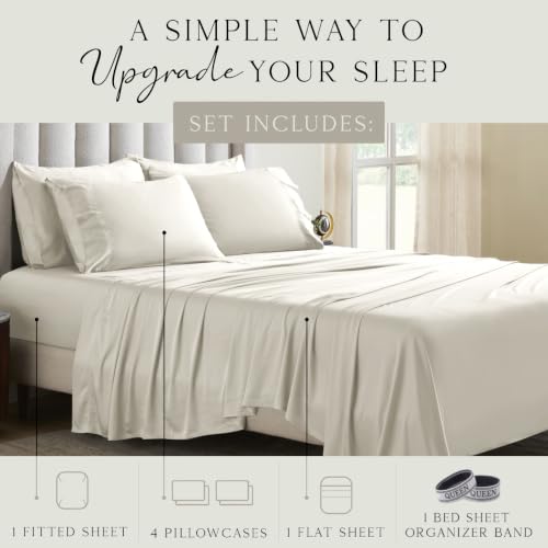 Image of KARISSA MAE 6 Piece Luxury Bamboo Viscose Queen Sheet Set, 4 Pillowcases | FSC Certified | Cooling | Ultra Soft | 18 inch Deep Pockets | Elastic Corner Straps | Includes Organizer Band [Ivory]