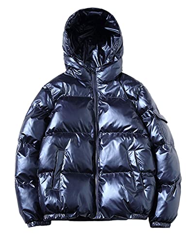 Image of ebossy Men's Metallic Hooded Puffer Jacket Winter Full Zip Down Alternative Quilted Padded Coat (Large, Navy)