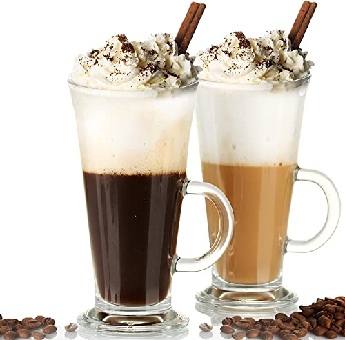 Image of Kamvy Irish Glass Coffee Mugs with Handle, Large Size Plain Glasses Set of 2, 270ml Tall Funnel Clear Glasses for Iced Cold Coffee, Latte, Cappuccino, Hot Chocolate (Chocolate Mug - 2)