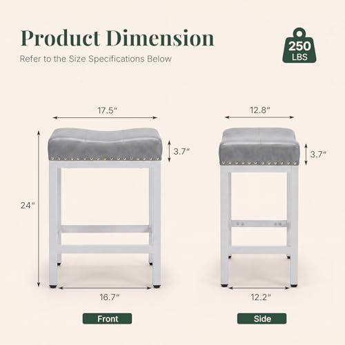 Image of 24 Inch Bar Stools Set of 2, PU Leather Counter Height Stools | Upholstered Modern Saddle Barstools with Metal Base and Footrest for Home Bar, Small Apartment, Grey