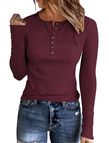 Image of Kancystore Women's Fall Long Sleeve Tops Lace V Neck Button Down Henley Shirts Tunic Blouses