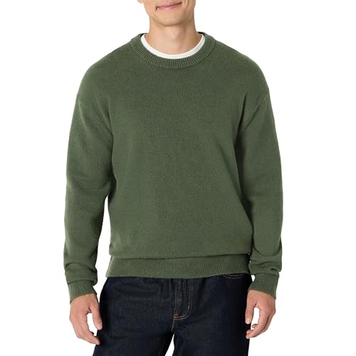 Amazon Essentials Mens Relaxed-Fit Soft Cotton Blend Textured Crewneck Pullover Sweater Ribbed Dark Olive Large