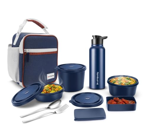 Image of LONGWAY Kivo Lunch Box with 3 Containers, 750ml Stainless Steel Bottle & Insulated Bag | Microwave Safe Food-Grade Containers (290ml, 400ml & 600ml) | Cutlery & Pickle Box | Indigo