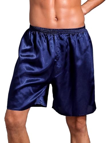 Silk Shorts Men Mid Elastic Waist Pajamas Shorts Comfy Satin Pjs Pants Sleepwear Boxer Shorts Sissy Lounge Short Blue Satin Pjs Boxer Briefs Navy Blue XL