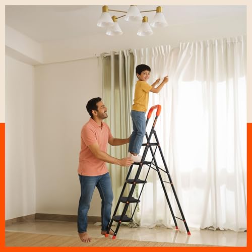 Image of Bathla 2 Step Ascend Steel Ladder for Home Use | Large Platform | (36 x 20.5 cm) | Wide Anti-Skid Steps | Safety Hand Grip | Heavy Duty Foldable | 120 kg Capacity | 2-Year Warranty | Orange & Black