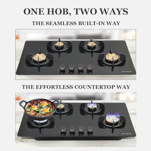 Image of Faber 4 Burner 90cm Hob /Cooktop Hybrid | Auto-Ignition| Metal Knobs|Cast Iron Pan Support|Black Glass Finish |5 Yrs Warranty on Glass,Valve & 2 Yrs on Burner by Faber| HOB PRIME HT904 CRS BR CI AI IN