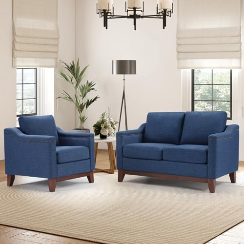 Image of Modern 2 Piece Sofa Set with Rivets, Included Chenille Accent Chair and Upholstered Loveseat 2-Seater Couch with Solid Wood Legs, Living Room Furniture Set,Blue