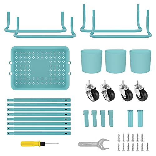 3-Tier Rolling Mobile Utility Cart With Hanging Cups & Hooks & Handle Multifunctional Organizer Storage Trolley Service Cart With Wheels Easy Assembly For Office, Bathroom, Kitchen (Blue) #TOP7