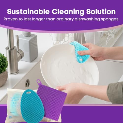 Image of Silicone Dish Sponge Dish Scrubber (Oval and Square) - Dual-Sided, Food Grade Silicone Sponges for Dishes and Housecleaning 2-Pack
