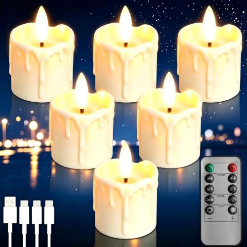 Image of Rechargeable Flameless Tea Light Candles with Remote, 1.5 inchx2.2 inch Dripping Fake Electric Flickering Votive Candles for Anniversary Wedding Table Centerpiece Halloween Christmas Decor, Ivory White 6 pack