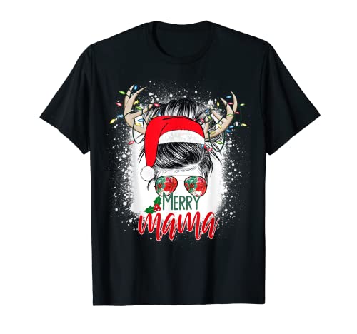 Happy Mama Messy Bun Christmas Mom Life Antlers Sombrero de Papá Noel Camiseta