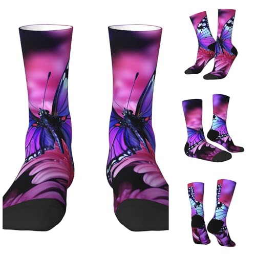 LZQPOEAS Purple butterfly and flower Athletic Socks Unisex Cushioned Crew Socks Hiking Running Calf Sock Soft Above Ankle Sock