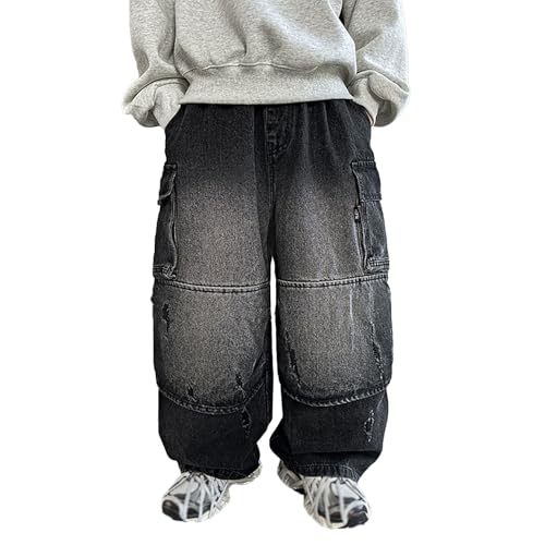 Cargo Pants for Boys Baggy Straight Wide Leg Casual Elastic Waisted Y2k Stretchy Relaxed Fit Denim Pants with Pockets