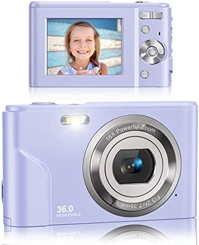 Digital Camera, Lecran FHD 1080P 36.0 Mega Pixels Vlogging Camera with 16X Digital Zoom, LCD Screen, Compact Portable Mini Cameras for Students, Teens, Kids (Purple)