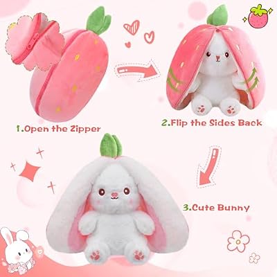 MIAODAM Easter Bunny Stuffed Animal, Carrot and Strawberry Bunny Plush Turn Into Rabbit Fruit Doll, Plushies Funny Bunny Toy for Girls (Strawberry Rabbit, 10inch)