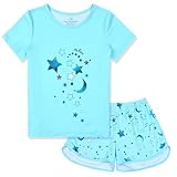 CHILDRENSTAR Pajamas for Big Girl Kids Summer Moon Stars Pj Set Short Sleeve Sleep Nightwear Shirt Shorts,Size 10 11