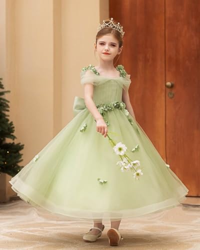 3D Floral Spaghetti Strap Flower Girl Dress with Bow Cold Shoulder Ankle Length First Communion Dress with Applique3