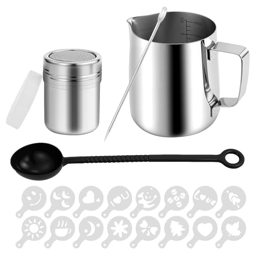 Brocca per latte in acciaio inox da 350 ml con indicatore di misurazione, accessori barista, caraffa per caffè crema latte, montalatte in acciaio inox, penna a latte, stencil per cappuccino