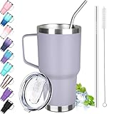 GUDEMAO 30 oz Tumbler with Handle, Stainless Steel Insulated Tumbler with Lid and Straw, Double Wall Vacuum Insulated Coffee Mug Tumbler, Insulated Coffee Thermal Cup for Cold and Hot (Light Purple)
