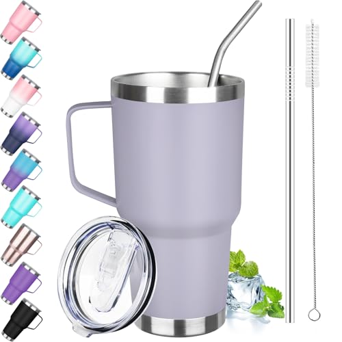 Image of 30 oz Tumbler with Handle, Stainless Steel Insulated Tumbler with Lid and Straw, Double Wall Vacuum Insulated Coffee Mug Tumbler, Insulated Coffee Thermal Cup for Cold and Hot (Light Purple)