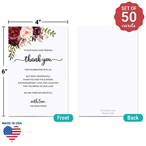321Done Thank You Placecards For Wedding (Set Of 50) Large 4" X 6" Table Place Setting Cards - Made In Usa - Watercolor Red Roses Floral On White #TOP1