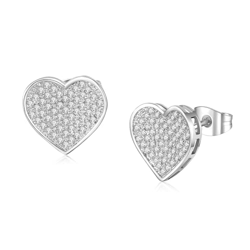 Silver Stud Earrings for Men with Heart Shaped White Gold Plated Earrings Hypoallergenic Cubic Zirconia Earring Studs Fashion Mens Jewelry Gift