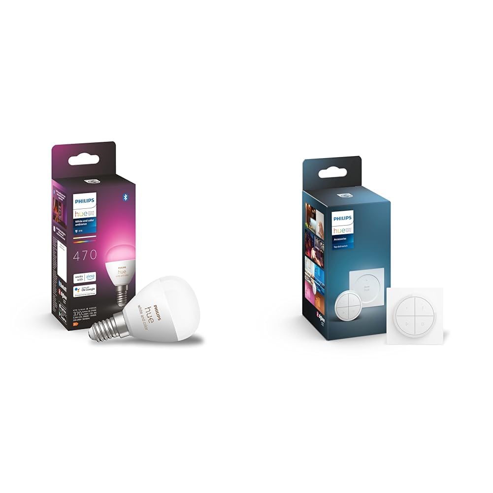 Philips Hue Philips Hue White and Colour Ambiance Luster Smart LED Light Bulb 1 Pack & Tap Dial Switch [White] Easy Smart Lighting Control. Indoor Home Lighting Automation, Set Scenes, Ambiance