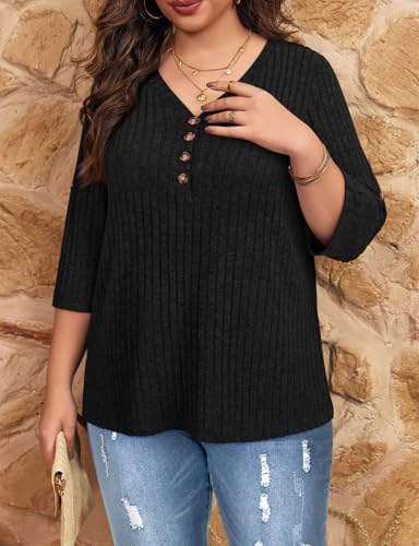 Image of Koscacy Women Plus Size V Neck 3 /4 Roll Sleeve Sweater Casual Knit Tops Solid Color Blouses