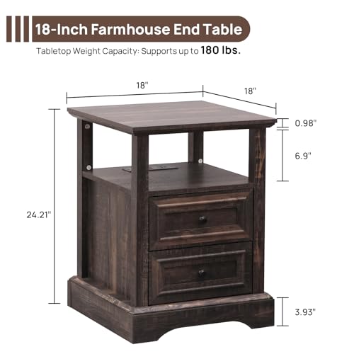 Image of ALBAD Farmhouse Nightstands with Charging Station,Walnut Brown Tabletop | End Tables with 2 Drawers, Open Shelf, USB Ports, Metal Knobs, for Rustic Bedroom Bedside, Living Room, Dorm