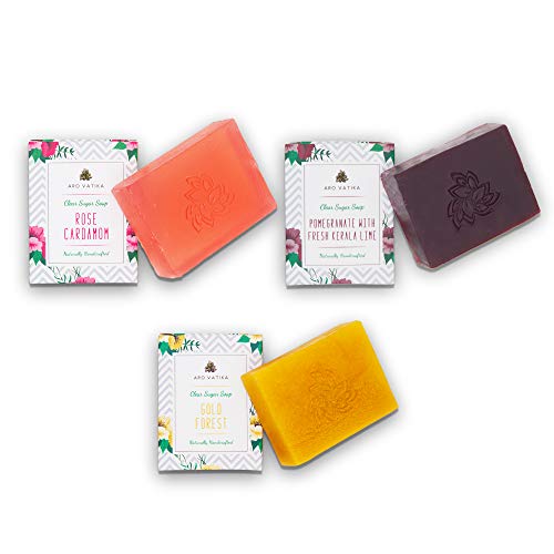 Arovatika Natural Handcrafted, Cold Processed Clear Sugar Bathing Bar in combo of 3 Fragrances of 100 gm each (Gold Forest, Rose Cardamom, Pomegranate with Fresh Kerala Lime) CS-C